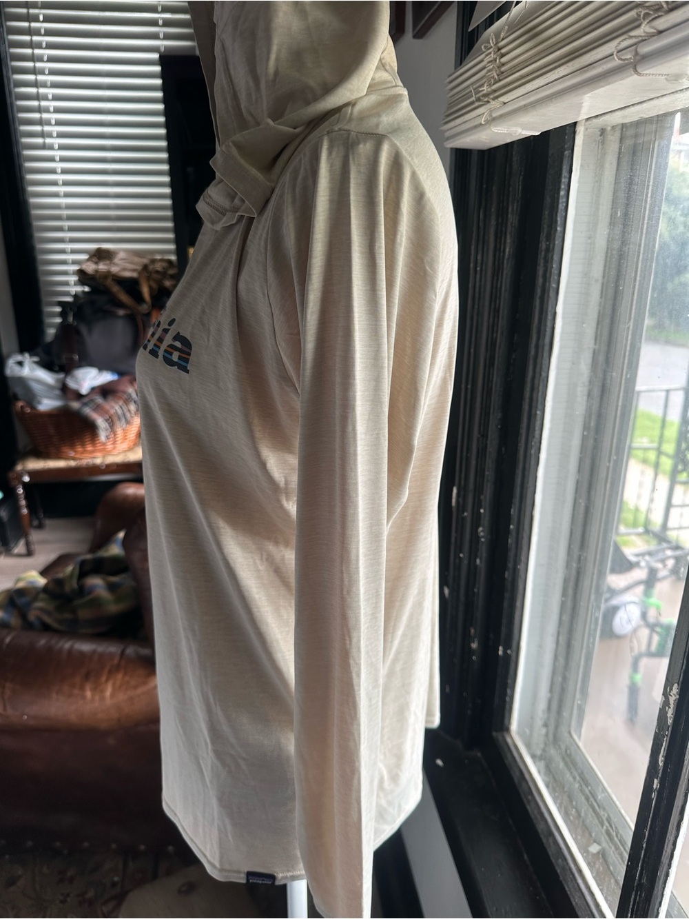 Patagonia capilene cool daily Beige Hooded Long Sleeve Tee with Logo Stripe - Picture 10 of 11